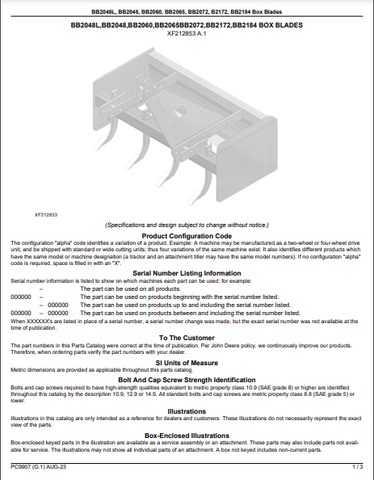 John Deere BB2048L,BB2048,BB2060,BB2065,BB2072,BB2172,BB2184 Box Blades (Frontier) Parts Catalogue Manual (PC9907) - PDF File Download