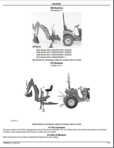 John Deere 270B - BACKHOE 260, 260B, 270A and 270B Backhoe Parts Catalogue Manual (PC9629) - PDF File Download