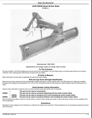 John Deere 95 Rear Blade Parts Catalogue Manual (PC1828) - PDF File Download