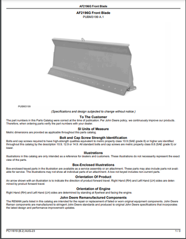 John Deere AF2196G Front Blade (Green System) Parts Catalogue Manual (PC11819) - PDF File Download