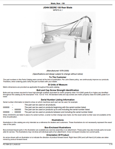 John Deere 155 Rear Blade Parts Catalogue Manual (PC1564) - PDF File Download