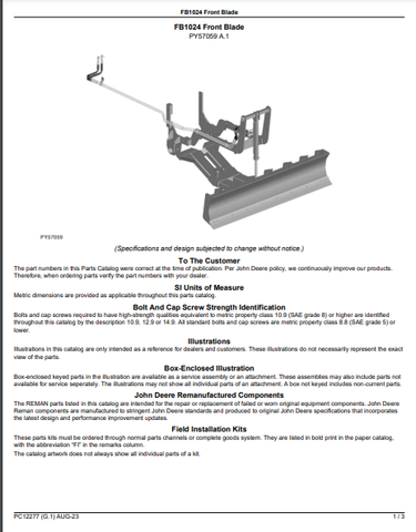 John Deere FB1024 Front Blade (Green System) Parts Catalogue Manual (PC12277) - PDF File Download