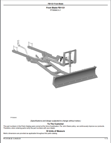 John Deere FB1121 Front Blade (Green System) Parts Catalogue Manual (PC12126) - PDF File Download