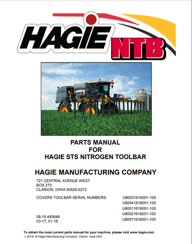 John Deere (Hagie) STS Nitrogen Toolbar 2016 Parts Catalogue Manual (PC13175) - PDF File Download