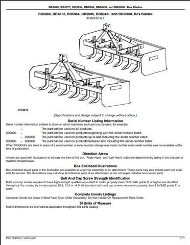 John Deere BB5060, BB5072, BB5084, BB5096, BB5048L, BB5060L Box Blade (Frontier) Parts Catalogue Manual (PC11440) - PDF File Download