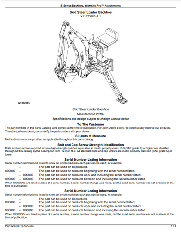 John Deere BH10B - BACKHOE Worksite Pro Backhoes (BH9B, BH10B, BH11B) Parts Catalogue Manual (PC15263) - PDF File Download