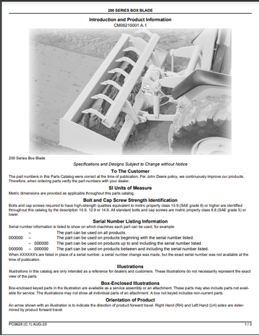 John Deere 200,272,284,288 (200 Series) Box Blade Parts Catalogue Manual (PC9628) - PDF File Download