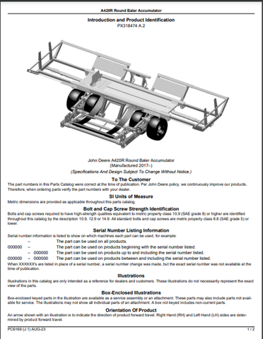 John Deere A420R - BALE ACCUMULATOR A420R Round Bale Accumulator Parts Catalogue Manual (PC6169) - PDF File Download