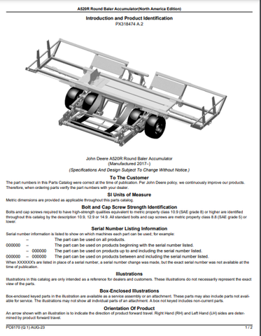 John Deere A520R - BALE ACCUMULATOR A520R Round Bale Accumulator Parts Catalogue Manual (PC6170) - PDF File Download