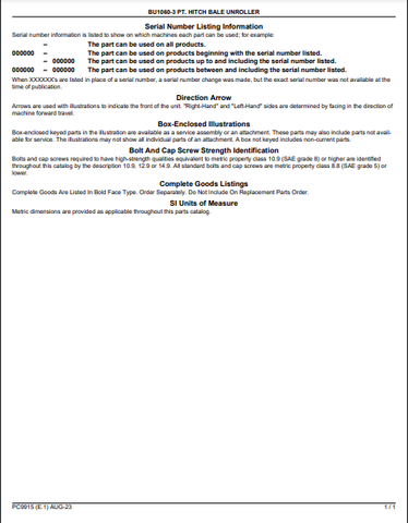 John Deere Frontier - Bale Unroller Bu1060 3-Point Hitch Bale Unroller (Frontier) Parts Catalogue Manual (PC9915) - PDF File Download