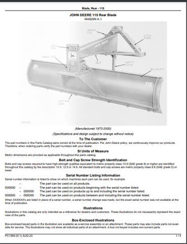 John Deere 115 Rear Blade Parts Catalogue Manual (PC1399) - PDF File Download