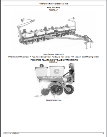 John Deere 1770 12-Row Narrow Planter and 60 Seed Cart Parts Catalogue Manual (PC2511) - PDF File Download