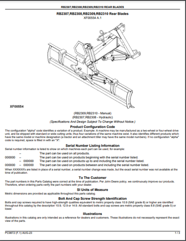 John Deere RB2307, RB2308, RB2309, RB2310 Rear Blades (Frontier) Parts Catalogue Manual (PC9872) - PDF File Download