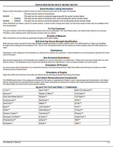 John Deere RB1209, RB1210, RB1209H, RB1210H Rear Blades (Frontier) Parts Catalogue Manual (PC10366) - PDF File Download