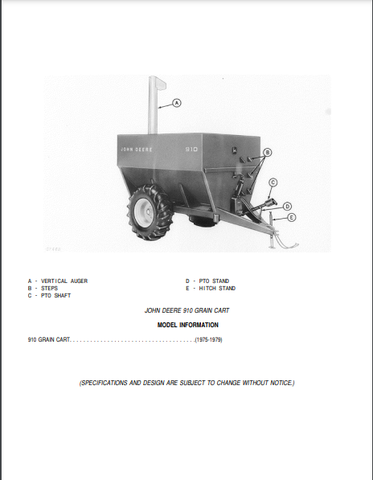 John Deere 910 Grain Cart Parts Catalogue Manual (PC1566) - PDF File Download