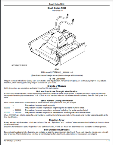 John Deere RE40 Brush Cutter Parts Catalogue Manual (PC15426) - PDF File Download