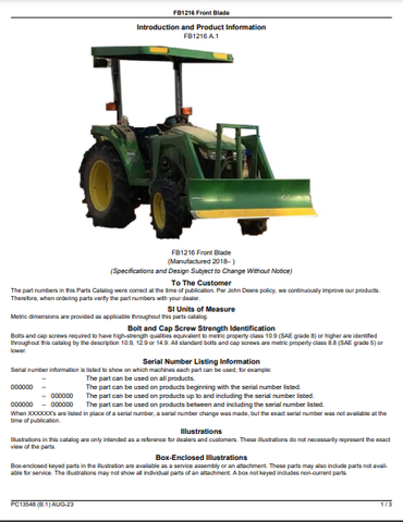 John Deere FB1216 Front Blade Parts Catalogue Manual (PC13548) - PDF File Download