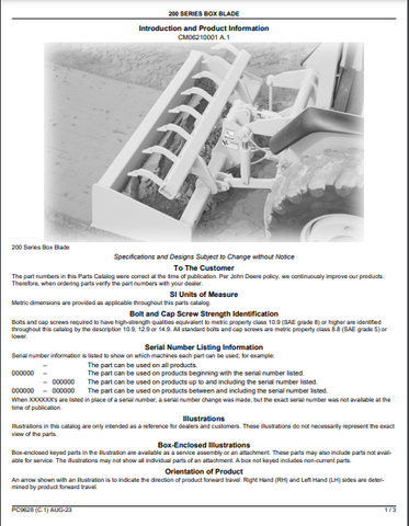 John Deere 200 Series Box Blade Parts Catalogue Manual (PC9628) - PDF File Download