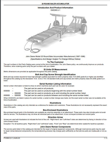 John Deere 20 - BALE ACCUMULATOR 20 Round Bale Accumulator Parts Catalogue Manual (PC2563) - PDF File Download