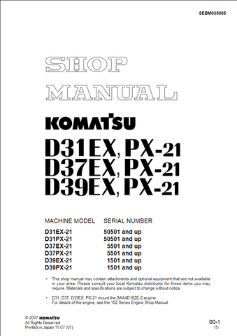 Komatsu D31EX, D37EX, D39EX PX-21 Crawler Dozer Shop Service Repair Manual - PDF File Download