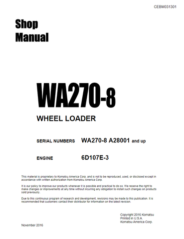WA270-8 Komatsu Wheel Loader Shop Manual SN: A28001-UP - PDF File Download