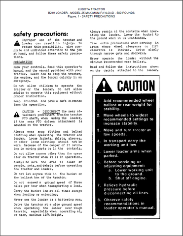 Kubota B219 Loader Operating & Parts Catalogue Manual