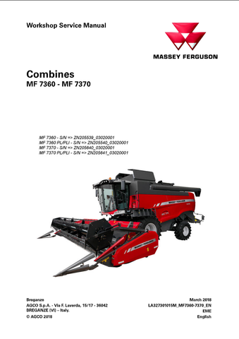 Massey Ferguson MF 7360 - MF7370 Combines Workshop Service Repair Manual (2018) - PDF File Download
