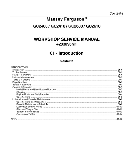 Massey Ferguson GC2400, GC2410, GC2600, GC2610 Compact Tractor Workshop Service Repair Manual - PDF File