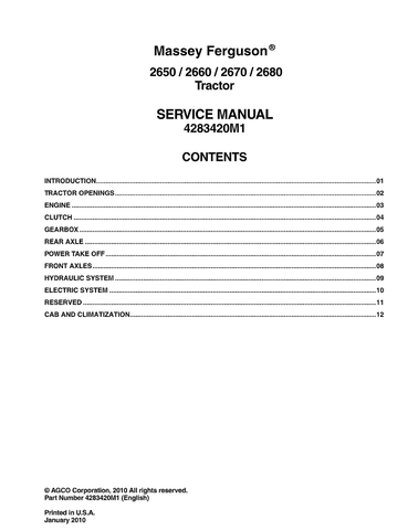 Massey Ferguson MF 2650, 2660, 2670, 2680 Tractor Workshop Service Repair Manual