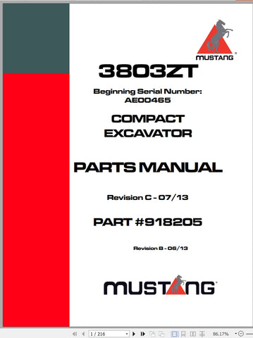 Mustang 3803ZT Excavator Parts Manual 