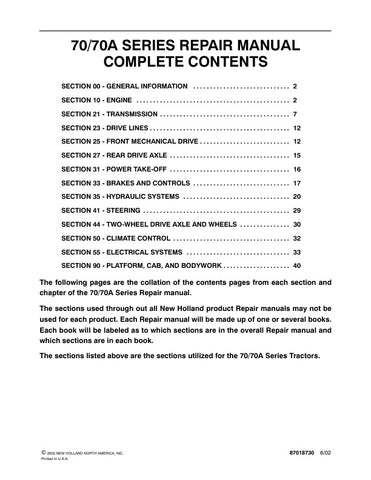 Unlock the full potential of your New Holland 70 / 70A Series Tractor with the comprehensive Repair Manual (Part No. 87018730) in PDF format. This essential guide provides detailed instructions, diagrams, and troubleshooting tips to help you maintain and repair your tractor efficiently. Whether you're a seasoned mechanic or a DIY enthusiast, this manual ensures you have the knowledge and resources to keep your equipment running smoothly, saving you time and money on repairs. Don't miss out on the opportunit