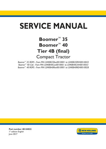 Unlock the full potential of your New Holland Boomer 35 and 40 Tier 4B (Final) tractors with the comprehensive Service Manual (48144022) in PDF format. This essential guide provides detailed maintenance procedures, troubleshooting tips, and specifications to ensure your equipment operates at peak performance. With easy navigation and clear illustrations, you'll have the knowledge to tackle repairs and upkeep efficiently, saving you time and money. Invest in this invaluable resource today and keep your 