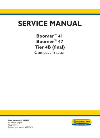 Unlock the full potential of your New Holland Boomer 41 and 47 Tier 4B (Final) tractors with the comprehensive Service Manual (Part No. 47941902) in PDF format. This essential guide provides detailed maintenance procedures, troubleshooting tips, and technical specifications to ensure your equipment operates at peak performance. With easy navigation and clear illustrations, this manual is designed for both seasoned professionals and DIY enthusiasts, making it an invaluable resource for keeping your machinery