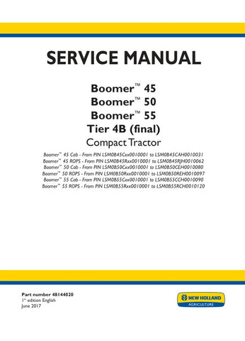 Unlock the full potential of your New Holland Boomer 45, 50, and 55 Tier 4B (Final) compact tractor with the comprehensive service manual (48144020) in PDF format. This essential guide provides detailed maintenance procedures, troubleshooting tips, and specifications to ensure your tractor operates at peak performance. With easy navigation and clear illustrations, you'll have the knowledge to tackle repairs and upkeep with confidence, saving you time and money. Invest in your equipment's longevity and 