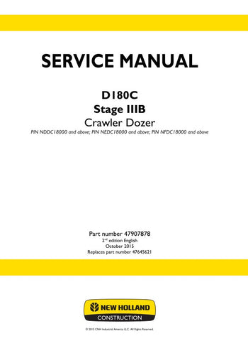 Unlock the full potential of your New Holland D180C Stage IIIB Crawler Dozer with the comprehensive Service Manual (Part Number: 47907878). This PDF file is an essential resource for operators and technicians alike, providing detailed insights into maintenance, troubleshooting, and repair procedures. With clear diagrams and step-by-step instructions, you can ensure your dozer runs efficiently and effectively, minimizing downtime and maximizing productivity. Invest in this invaluable manual today and keep
