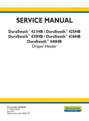 Discover the essential New Holland DuraSwath Draper Header Service Manual, designed specifically for models 421HB, 425HB, 430HB, 436HB, and 440HB. This comprehensive PDF file is your go-to resource for maintaining and troubleshooting your equipment, ensuring optimal performance and longevity.