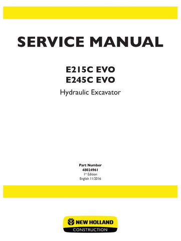 Unlock the full potential of your New Holland E215C EVO and E245C EVO hydraulic excavators with the comprehensive service manual (48024961) available in PDF format. This essential guide provides detailed schematics, troubleshooting tips, and maintenance procedures to ensure your machinery operates at peak performance. With easy navigation and clear instructions, you can confidently tackle repairs and upkeep, saving time and reducing downtime. Invest in this invaluable resource to enhance your equipment's lo
