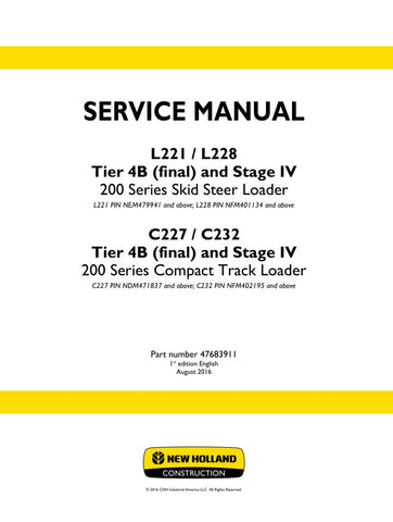 Unlock the full potential of your New Holland equipment with the comprehensive Service Manual for models L221, L228, C227, and C232, featuring Tier 4B (Final) and Stage IV compliance. This PDF file, catalog number 47683911, provides detailed insights into maintenance, troubleshooting, and repair procedures, ensuring your machinery operates at peak performance. With easy navigation and clear illustrations, this manual is an essential resource for both professionals and DIY enthusiasts, helping you save time 