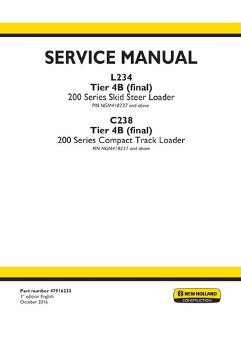 Unlock the full potential of your New Holland L234 and C238 equipment with the comprehensive Tier 4B (Final) Service Manual (Part Number: 47916233). This PDF file is an essential resource for maintenance and repair, providing detailed diagrams, troubleshooting tips, and step-by-step instructions to ensure your machinery operates at peak performance. With this manual, you can save time and money by tackling repairs yourself, ensuring your equipment remains reliable and efficient for all your agricultural 