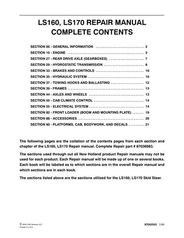 Unlock the full potential of your New Holland LS160 and LS170 skid steer loaders with the comprehensive Repair Manual (Part Number: 87036983). This PDF file is an essential resource for both professional mechanics and DIY enthusiasts, providing detailed instructions and diagrams to ensure efficient repairs and maintenance.