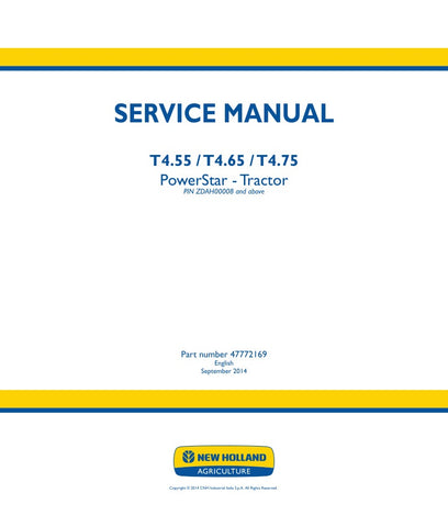 Unlock the full potential of your New Holland T4.55, T4.65, and T4.75 tractors with the comprehensive Service Manual (47772169) in PDF format. This essential guide provides detailed information on maintenance, troubleshooting, and repair, ensuring your equipment operates at peak performance.