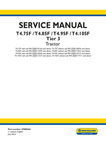 Unlock the full potential of your New Holland T4 series tractors with the comprehensive Service Manual (47888362) for models T4.75F, T4.85F, T4.95F, and T4.105F. This PDF file is an essential resource for both seasoned mechanics and DIY enthusiasts, providing detailed insights into maintenance, troubleshooting, and repair procedures tailored specifically for Tier 3 models.