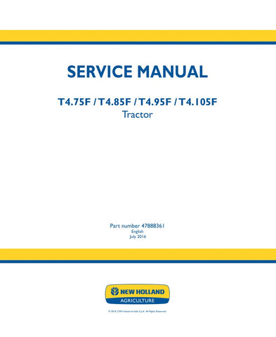  Unlock the full potential of your New Holland T4 series tractors with the comprehensive Service Manual (47888361) available in PDF format. This essential guide covers the T4.75F, T4.85F, T4.95F, and T4.105F models, providing detailed instructions for maintenance, troubleshooting, and repairs. With clear diagrams and step-by-step procedures, you can ensure your tractor operates at peak performance, prolonging its lifespan and enhancing productivity. Invest in this invaluable resource today and keep your