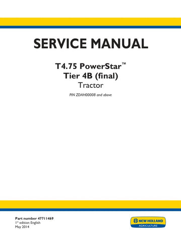Unlock the full potential of your New Holland T4.75 PowerStar Tier 4B tractor with the comprehensive service manual (47711469) in PDF format. This essential guide provides detailed maintenance procedures, troubleshooting tips, and technical specifications to ensure your tractor operates at peak performance. With easy navigation and clear illustrations, you'll have the knowledge to tackle repairs and upkeep efficiently, saving you time and money. Invest in your equipment's longevity and reliability—download 