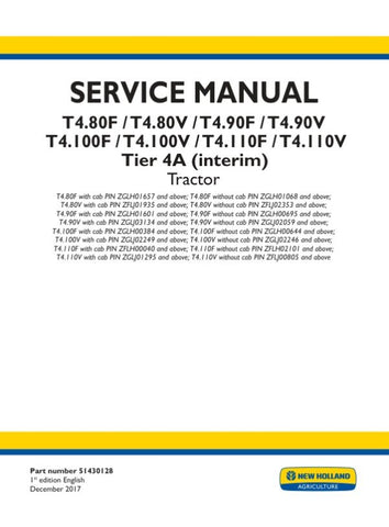 Unlock the full potential of your New Holland T4 series tractors with the comprehensive Tier 4A (Interim) Service Manual (51430128). This PDF file is an essential resource for owners of T4.80F, T4.80V, T4.90F, T4.90V, T4.100F, T4.100V, T4.110F, and T4.110V models, providing detailed maintenance guidelines, troubleshooting tips, and repair procedures. Ensure your tractor operates at peak performance and longevity with this expertly crafted manual, designed to help you tackle any service challenge with 
