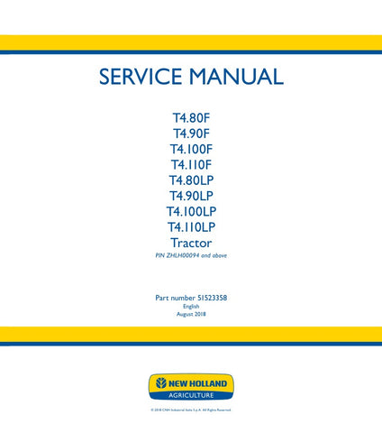 Unlock the full potential of your New Holland T4 series tractors with the comprehensive Service Manual (51523358). This PDF file is an essential resource for owners of T4.80F, T4.90F, T4.100F, T4.110F, T4.80LP, T4.90LP, T4.100LP, and T4.110LP models, providing detailed guidance on maintenance, troubleshooting, and repairs.