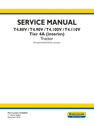 Unlock the full potential of your New Holland T4 series tractors with the comprehensive T4.80V, T4.90V, T4.100V, and T4.110V Tier 4A (Interim) Service Manual (51526023) in PDF format. This essential resource provides detailed maintenance procedures, troubleshooting tips, and specifications to ensure your equipment runs smoothly and efficiently. With easy navigation and clear illustrations, this manual is designed for both seasoned professionals and DIY enthusiasts, making it an invaluable tool for keeping 