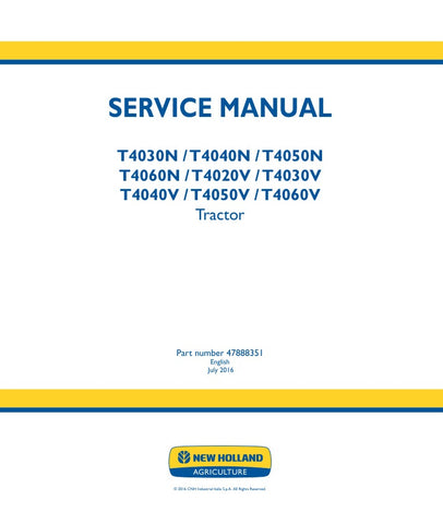 Unlock the full potential of your New Holland tractor with the comprehensive Service Manual for models T4030N, T4040N, T4050N, T4060N, T4020V, T4030V, T4040V, T4050V, and T4060V. This PDF file, with the reference number 47888351, is an essential resource for both seasoned mechanics and DIY enthusiasts, providing detailed instructions and insights to keep your equipment running smoothly.