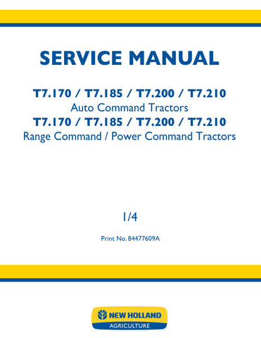 Unlock the full potential of your New Holland T7 series tractors with the comprehensive Auto/Range/Power Command Service Manual (Part No. 84477609A). This PDF file is an essential resource for both seasoned mechanics and DIY enthusiasts, providing detailed insights into the operation and maintenance of models T7.170, T7.185, T7.200, and T7.210.