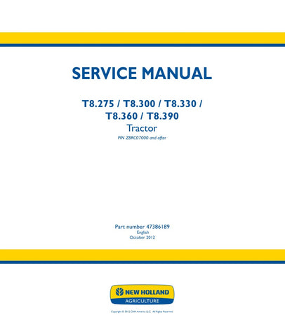 Unlock the full potential of your New Holland T8 series tractors with the comprehensive Service Manual (Part Number: 47386189). This PDF file is an essential resource for both seasoned mechanics and DIY enthusiasts, providing detailed insights into maintenance, troubleshooting, and repair procedures for models T8.275, T8.300, T8.330, T8.360, and T8.390.